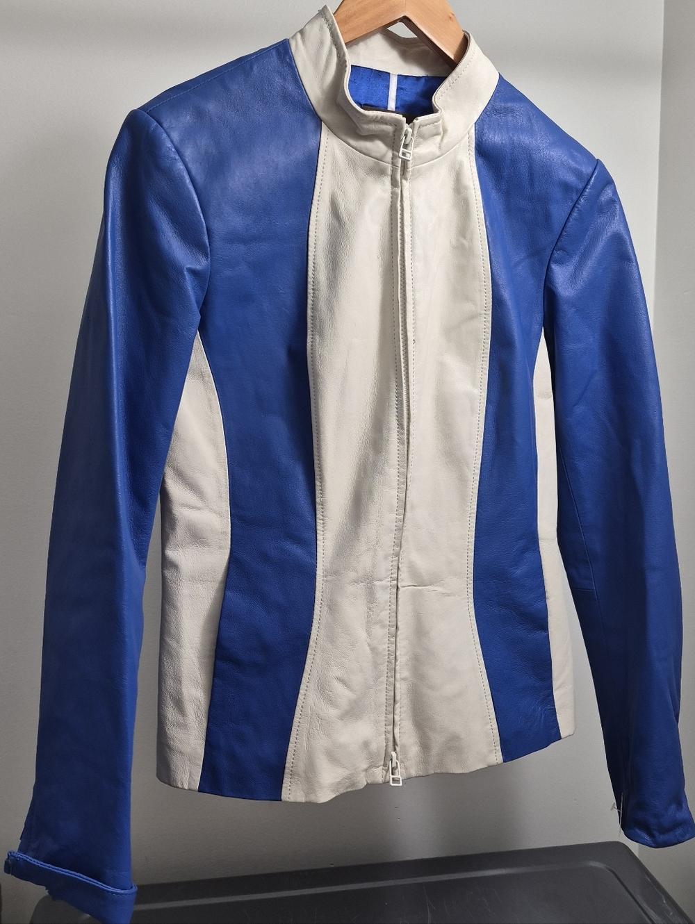 Danier Blue and Cream Colorblock Leather Jacket